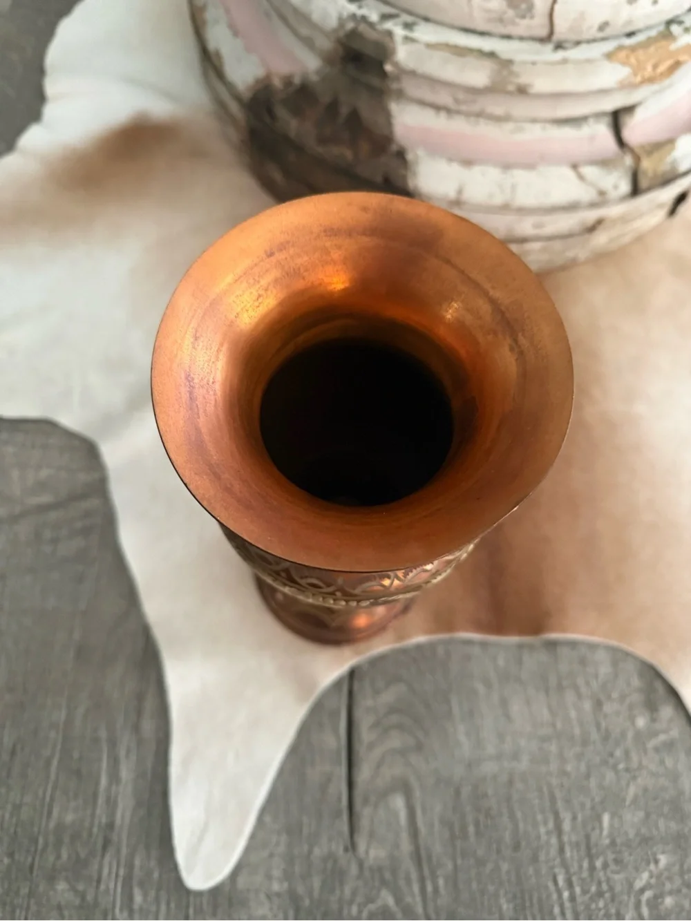 Ornate Copper-Tone Decorative Vase - Floral Etched Accent